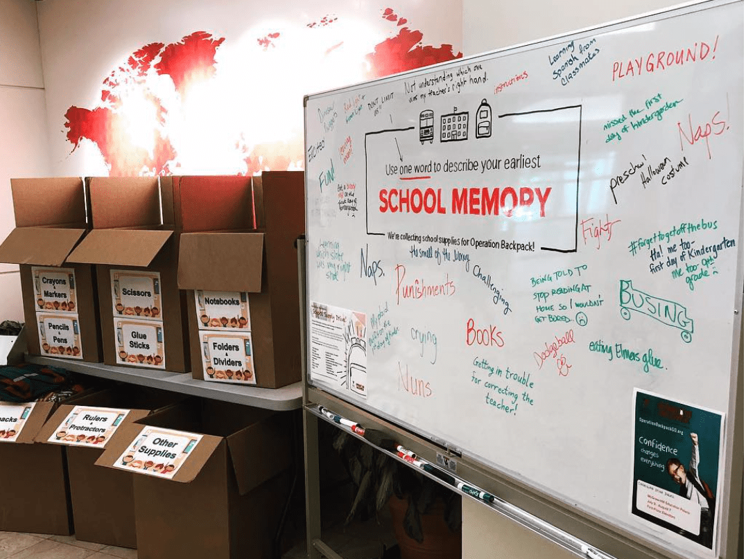 Whiteboard next to donation boxes